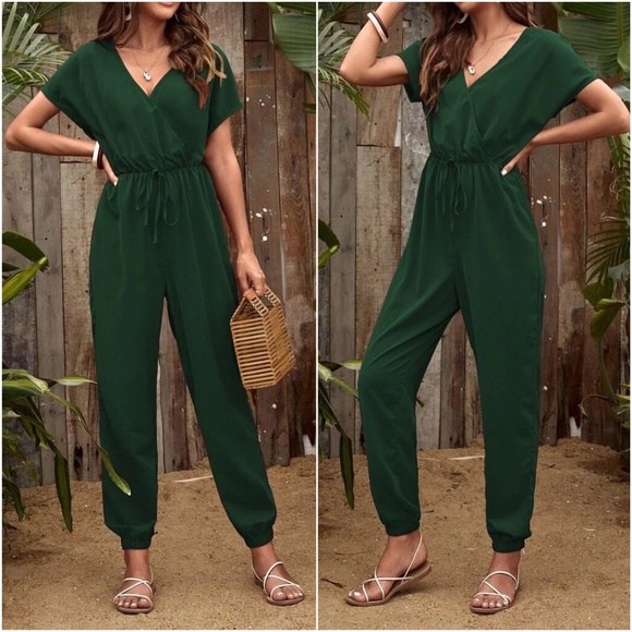 Pants - Boho Green Short Sleeve Jumper Jumpsuit